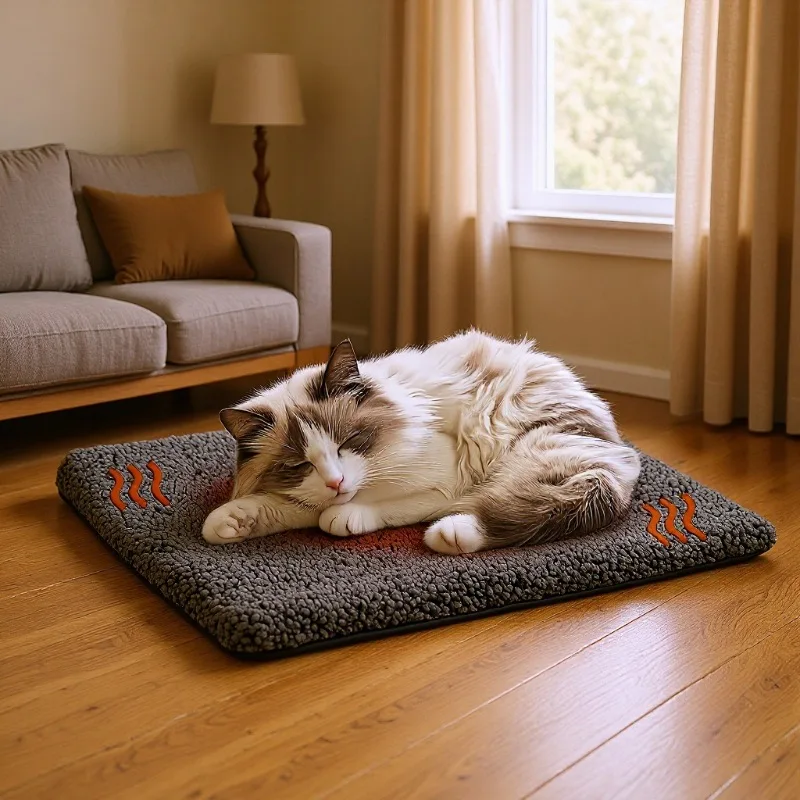 Self Warming Cat Bed, Extra Warm Self Heating Pad for Cats & Dogs, Anti-Slip Thermal Pet Mat, Washable Cover, Not Electric, Grey