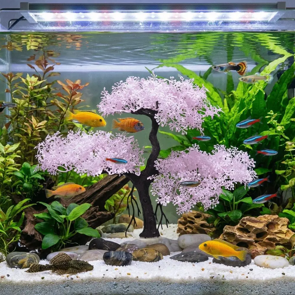 Realistic Aquarium Cherry Blossom Underwater Scene Simulation Cherry Blossom Tree Natural Look Plastic Landscape Tree