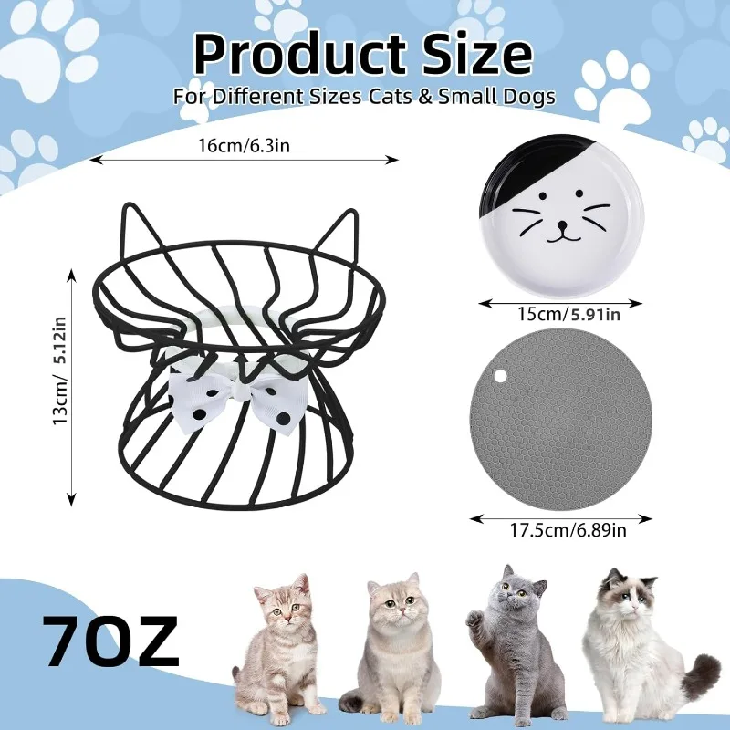 1set (1pc rack + 1pc bowl) Elevated Cat Food Dish, Ceramic, Non-Slip Stand, Raised Feeding Station, Shallow for Whiskers