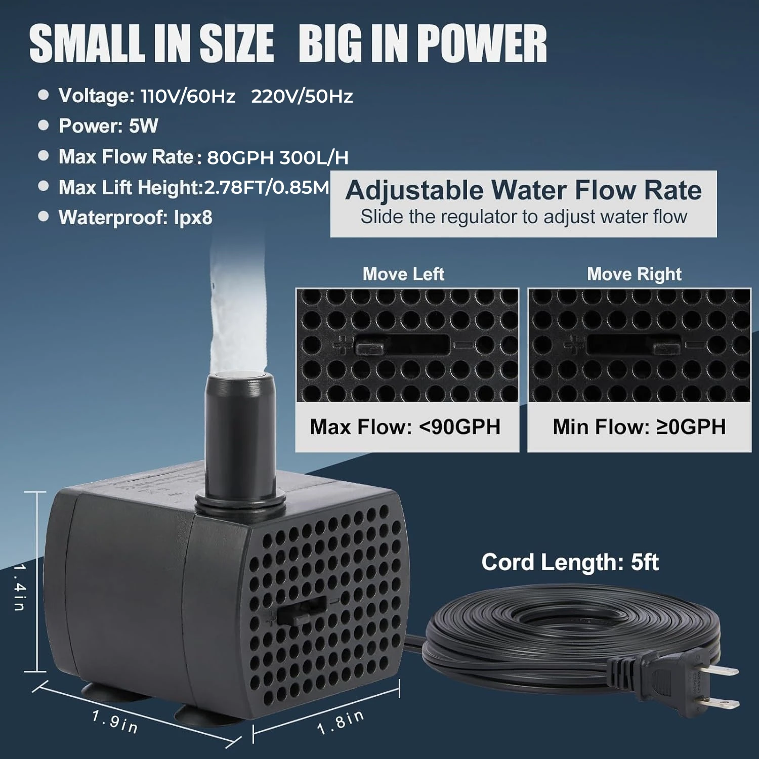 80GPH 300L/H Submersible Water Pump 5W Ultra Quiet Adjustable Flow IPX8 for Aquarium Fish Tank Pond