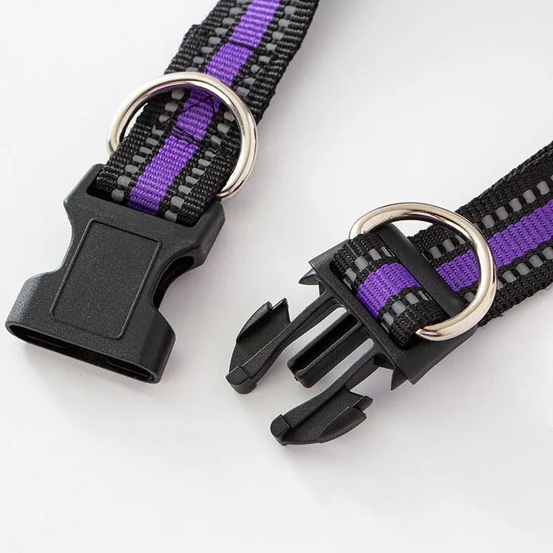 Pet Dog Double D-Ring Nylon Ribbon Collar with Quick Release Buckle Reflective Strip Traction Dog Collar Length Adjustable