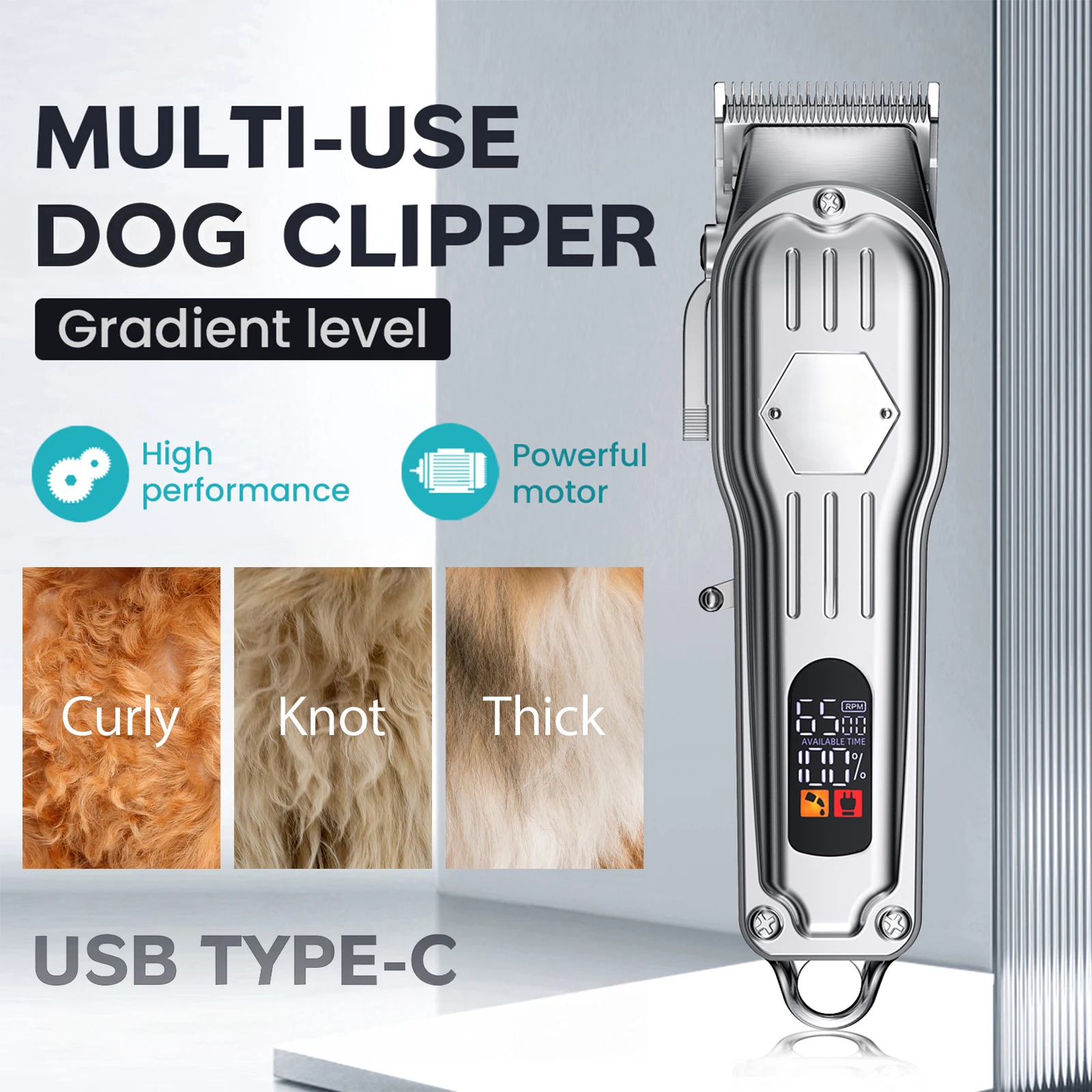 Upgrade Low Noise Dog Clippers for Thick Hair: Rechargeable Metal Blade, 8 Combs, Grooming Kit for Curly Hair (Silvery)