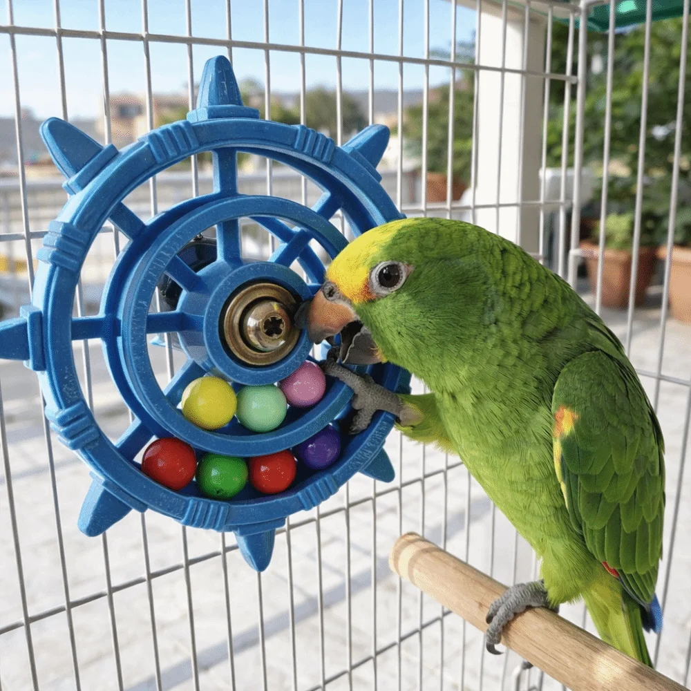 Rudder Shaped Parrot Spinner Rattle Toy Colorful Beads Bite Resistant Bird Cage Toy Plastic Parrots Rotating Toys Entertainment