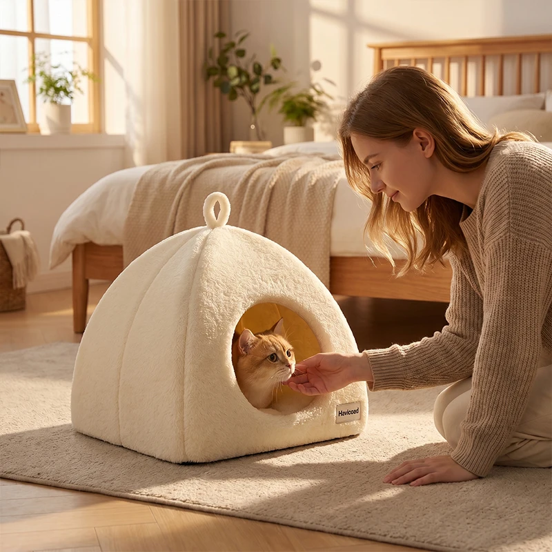 New Triangle Closed Cat Bed Warm Thickened Pet Nest Deep Sleep Cave House For Cats & Small Dogs Bed Cat Tents