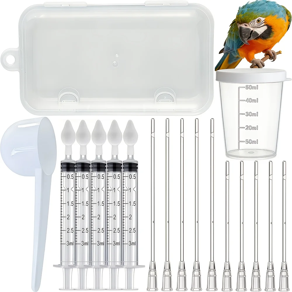 Bird Medicine Feeding Kit in a Box, Includes 10 Feeding Tubes, 5 Syringes, 5 Small Spoons, 1 Large Spoon, 1 Graduated Measuring Cup, and a Storage Box, Suitable for Feeding Birds Medicine, Feeding Them Milk, and Feeding Them Food. the Syringes Have Graduations for Precise Dosing, Easy to Carry and Convenient to Store, a Must-Have for Home Bird Care