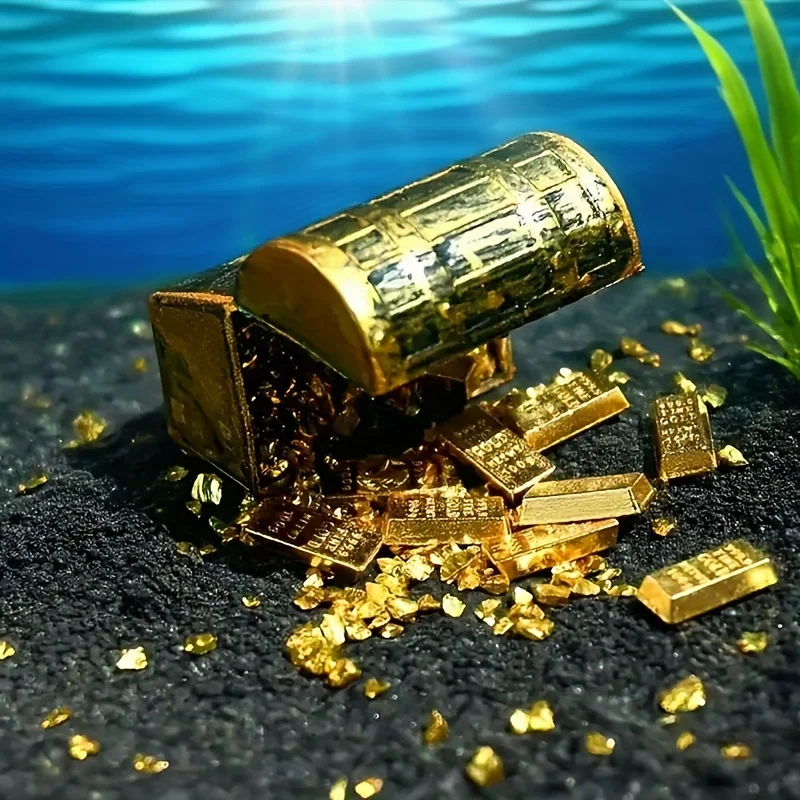 Fish Tank Landscape Decor Kit Mini Pirate Treasure Chest with Gold Coins Gold Bars Simulation Aquatic Plants Aquarium Decor