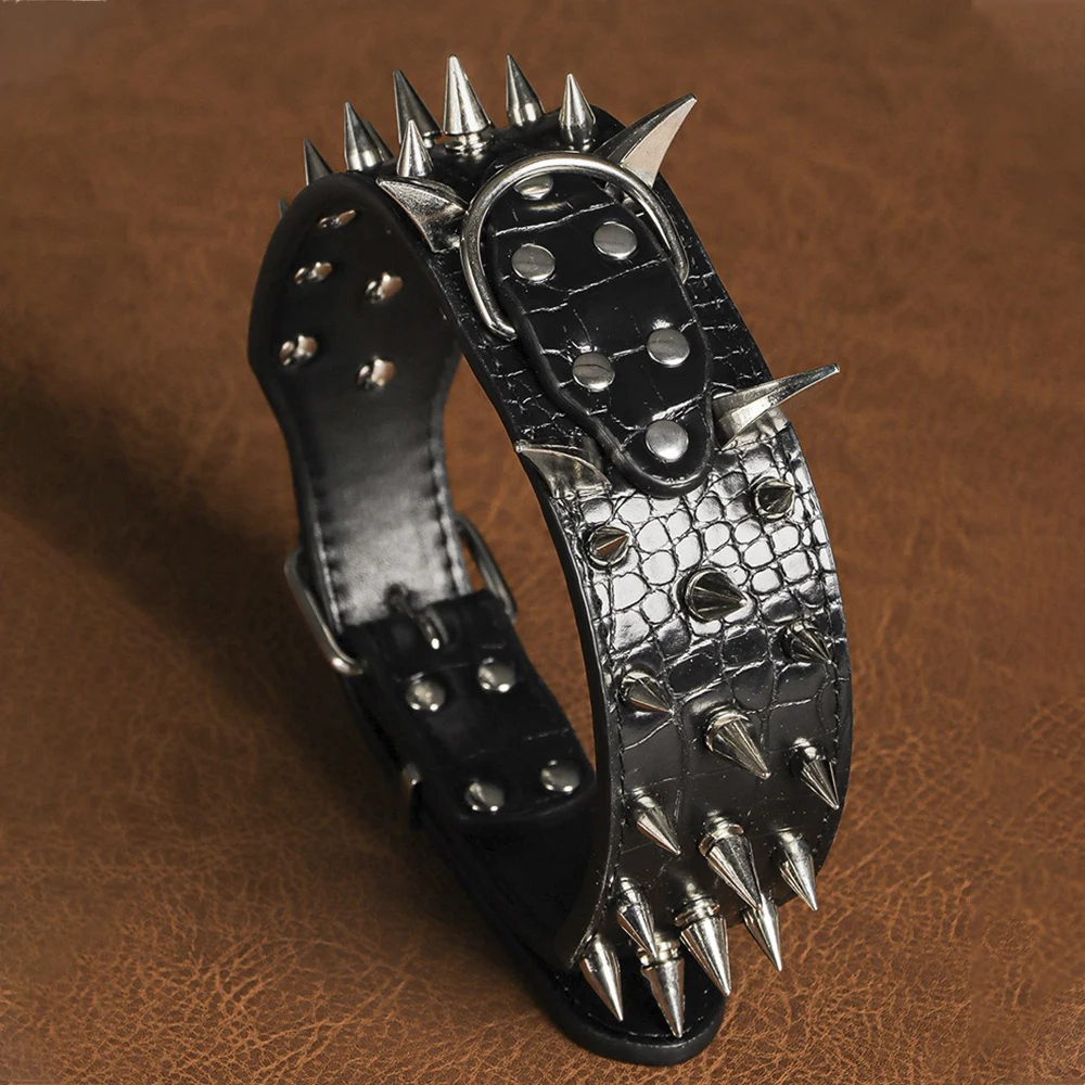 Width 2 Inch Anti-bite Spiked Dog Collars Adjustable PU Leather Necklace Heavy Duty Sharp Rivets Pet Collar Outdoor Dog Walking