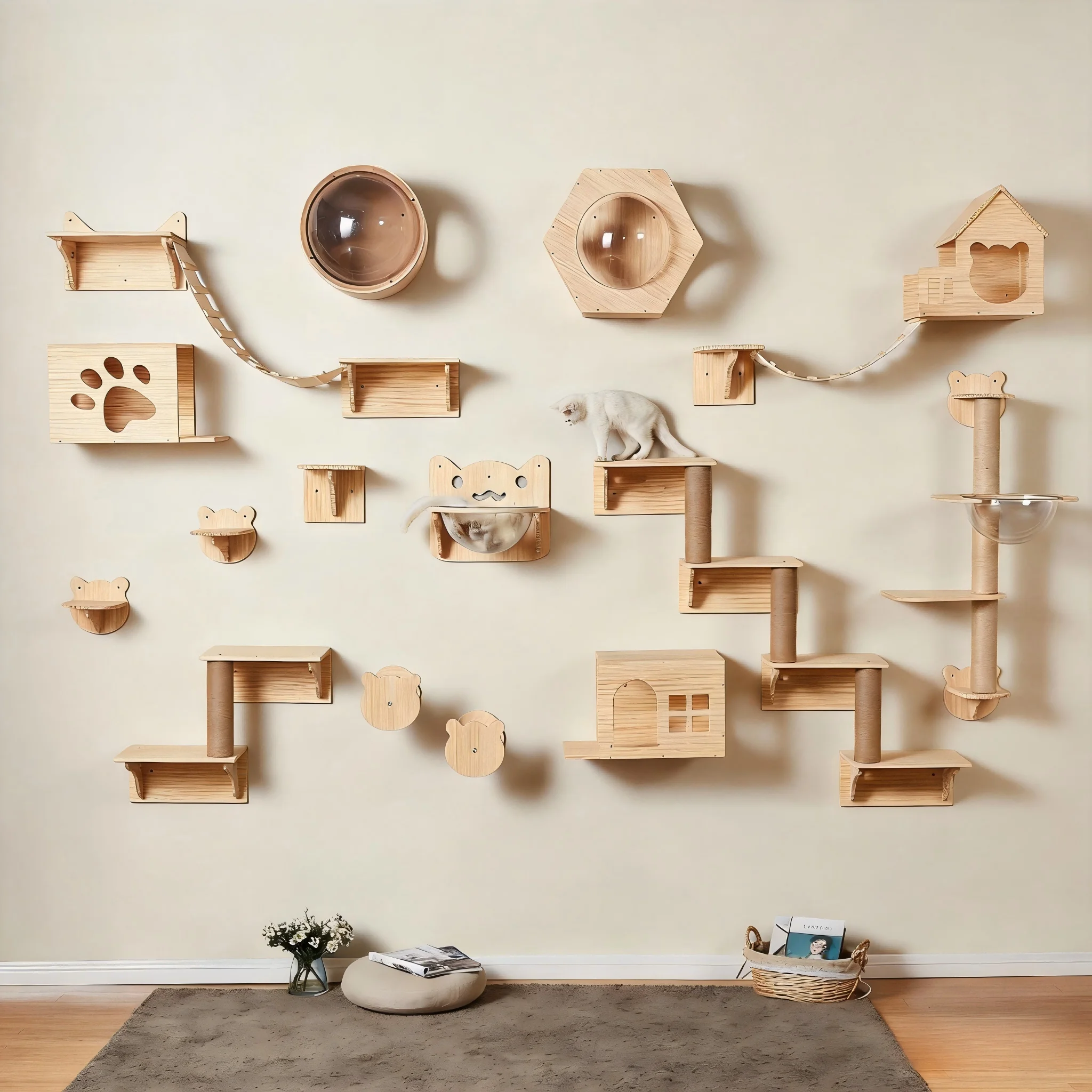 Wall Mounted Cat Climbing Shelf Wooden Hammock Bed Steps Perch Scratching Post Indoor Cat Furniture For Kitten Playing Sleeping