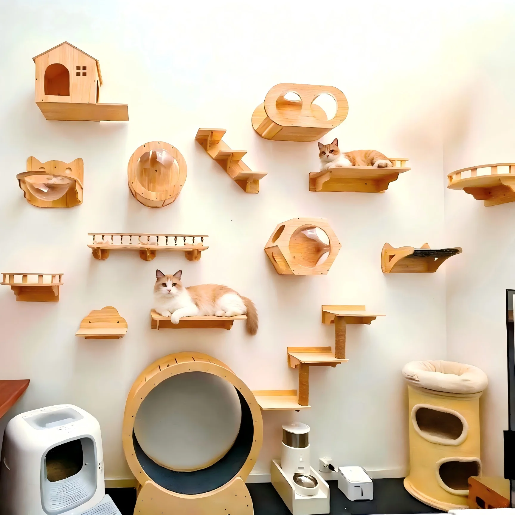 Wall Mounted Cat Climbing Shelf Wooden Hammock Bed Steps Perch Scratching Post Indoor Cat Furniture For Kitten Playing Sleeping