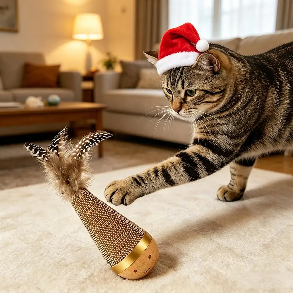 Self Playing Cat Toy Interactive Tumbler with Feather Teaser Wand Scratch Resistant Kitten Toys for Indoor Cats Boredom Relief