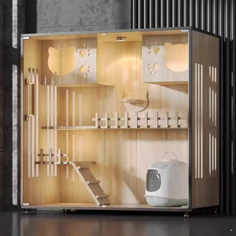 Luxury Wooden Cat Villa w/ Side Glass Indoor Large Pet Cage Eco Breathable Cat House, Oversized, Contact Us Before Order