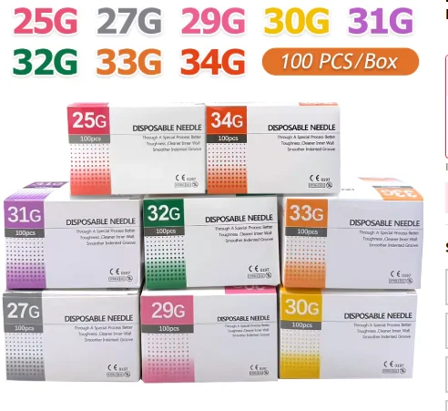 100 Pieces of 25G, 27G, 29G, 30G, 31G, 32G, 33G, 34G Painless Ultra-Fine Veterinary Pet Beauty Needles Disposable Injection Punc