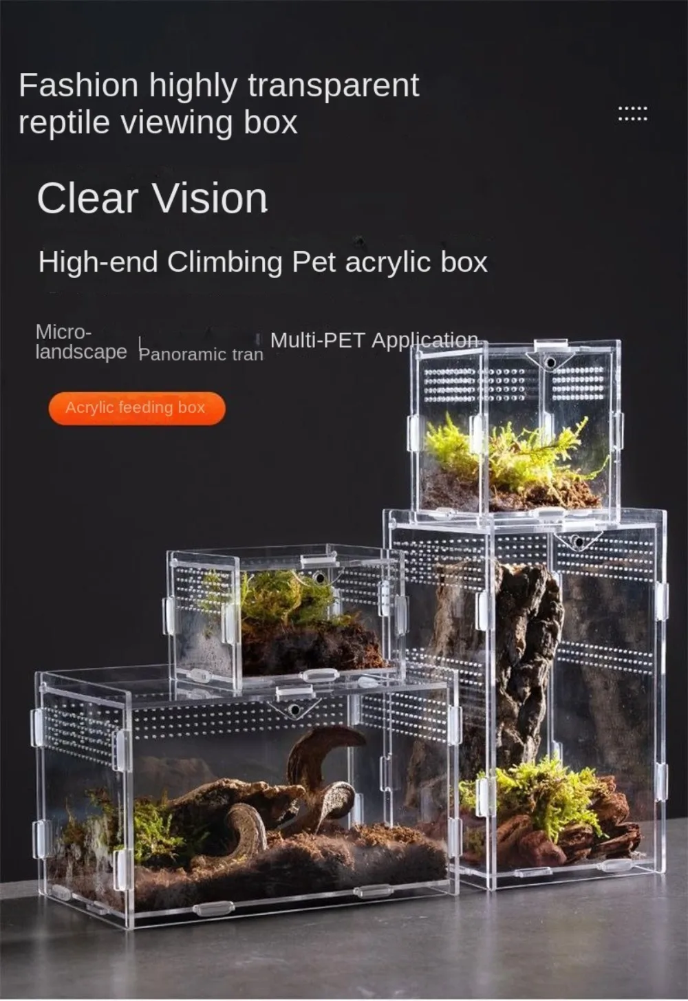 New Acrylic Reptile Habitat Anti-Escape Clear Spider Feeding Case Multiple Size Arboreal Small Pet Cage for Chameleon Clear