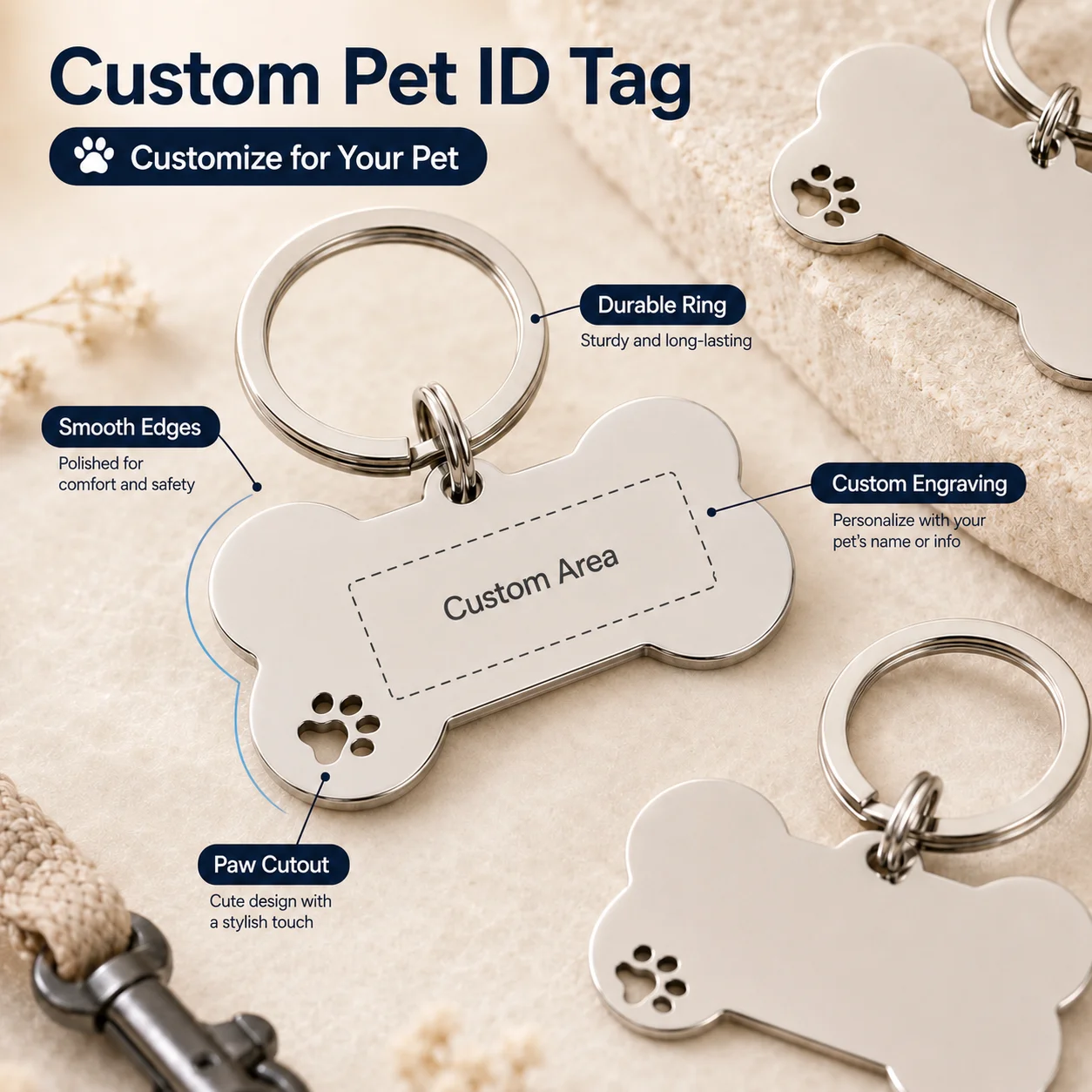 Custom Name Dog Tags Double-sided Personalized Text Dog ID Tag Bone Shaped Stainless Steel Laser Engraving Customized Pets ID Ta
