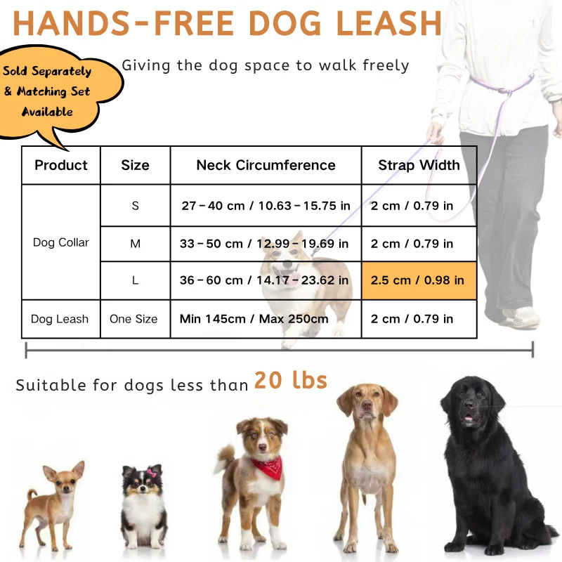 Hands-Free Dog Leash with Collar, Reflective Nylon Adjustable Training Lead for Small Dogs, 3 Colors S/M/L