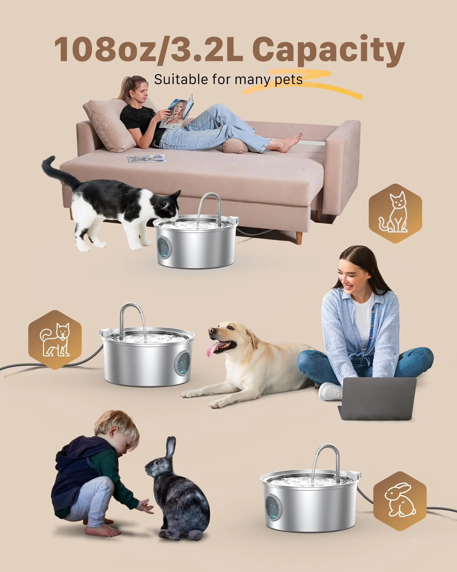 3.2L Large Capacity Stainless Steel Cat Dog Pet Drink Fountain 5V USB Silent Water Pump Dispenser USB Fountain Water Bowl