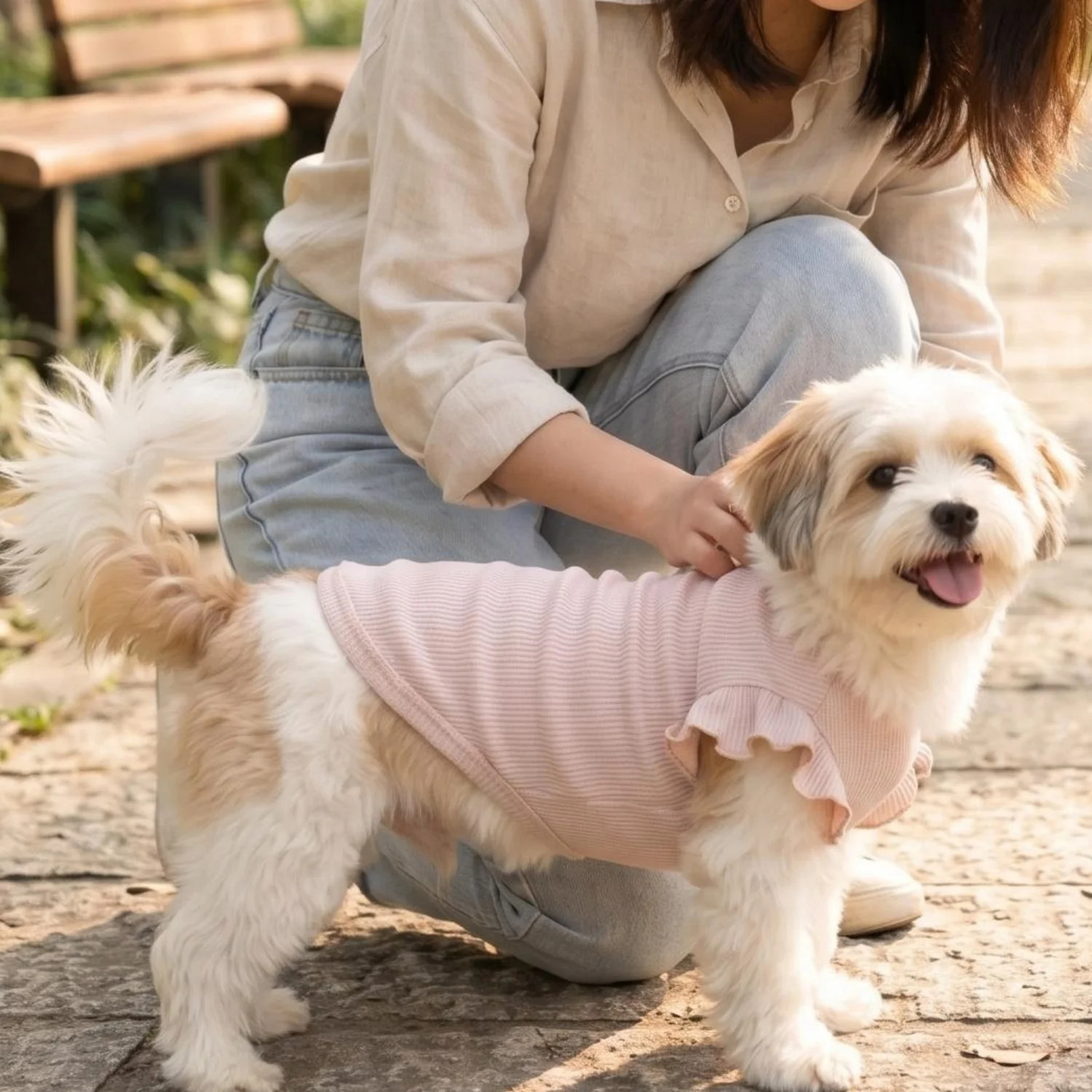 Cute Waffle Ruffle Sleeve Pet T-shirt Round Neck Breathable Dog Clothes Sweet Fashion Dog Apparel For Small Dogs Multiple Colors