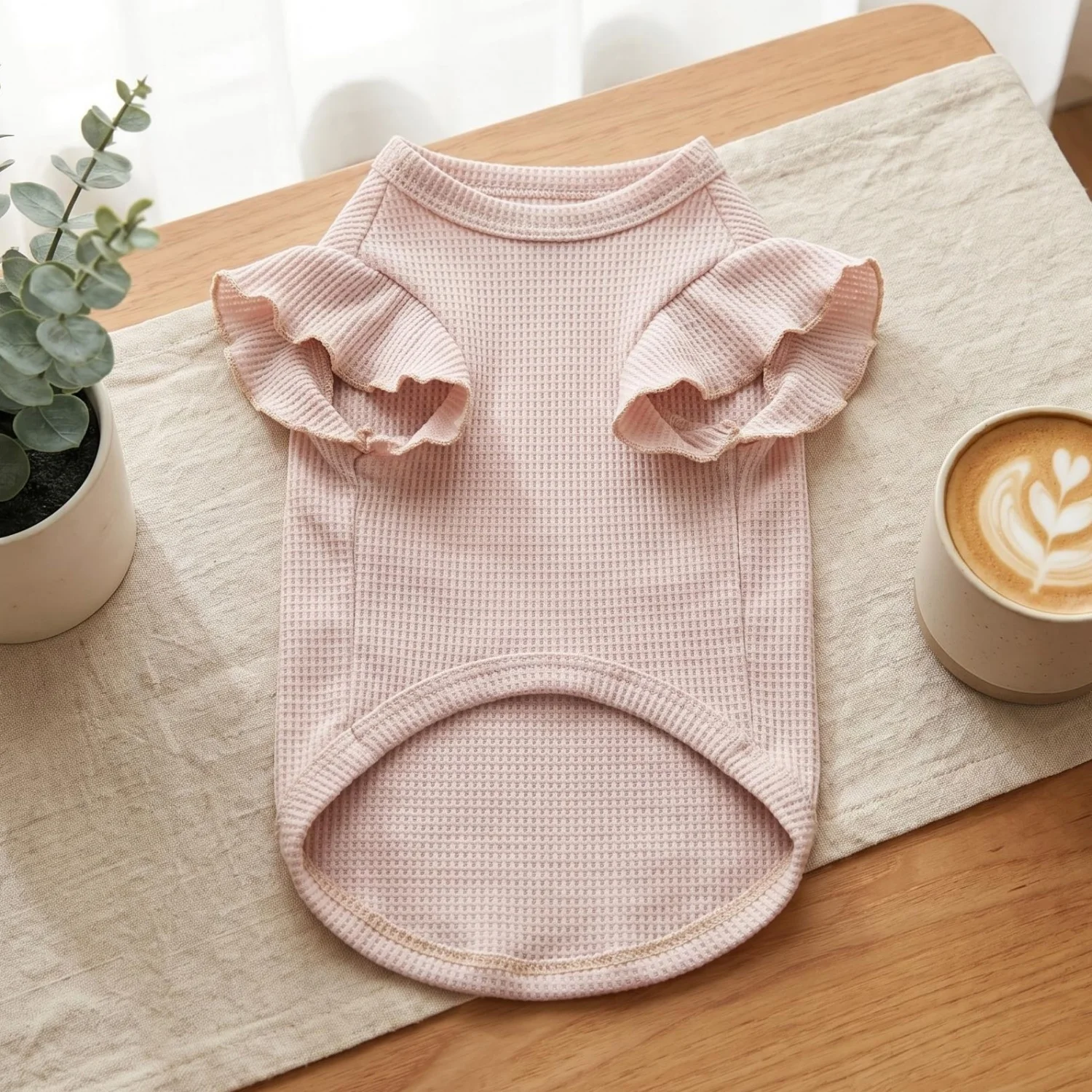 Cute Waffle Ruffle Sleeve Pet T-shirt Round Neck Breathable Dog Clothes Sweet Fashion Dog Apparel For Small Dogs Multiple Colors
