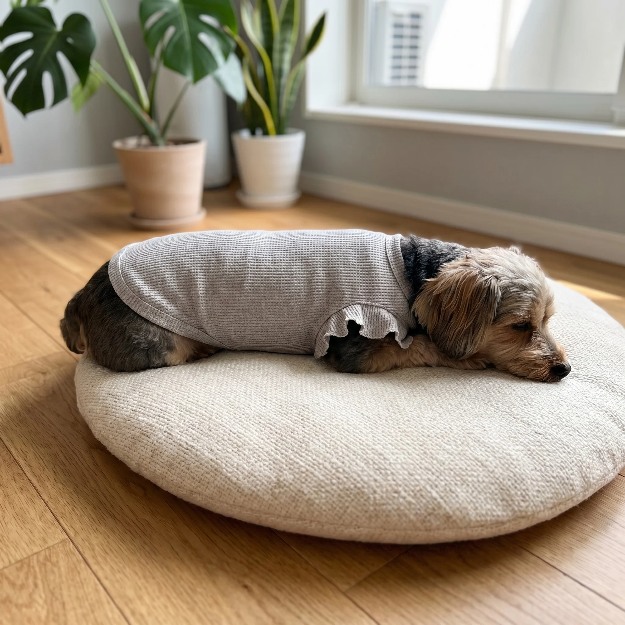 Cute Waffle Ruffle Sleeve Pet T-shirt Round Neck Breathable Dog Clothes Sweet Fashion Dog Apparel For Small Dogs Multiple Colors