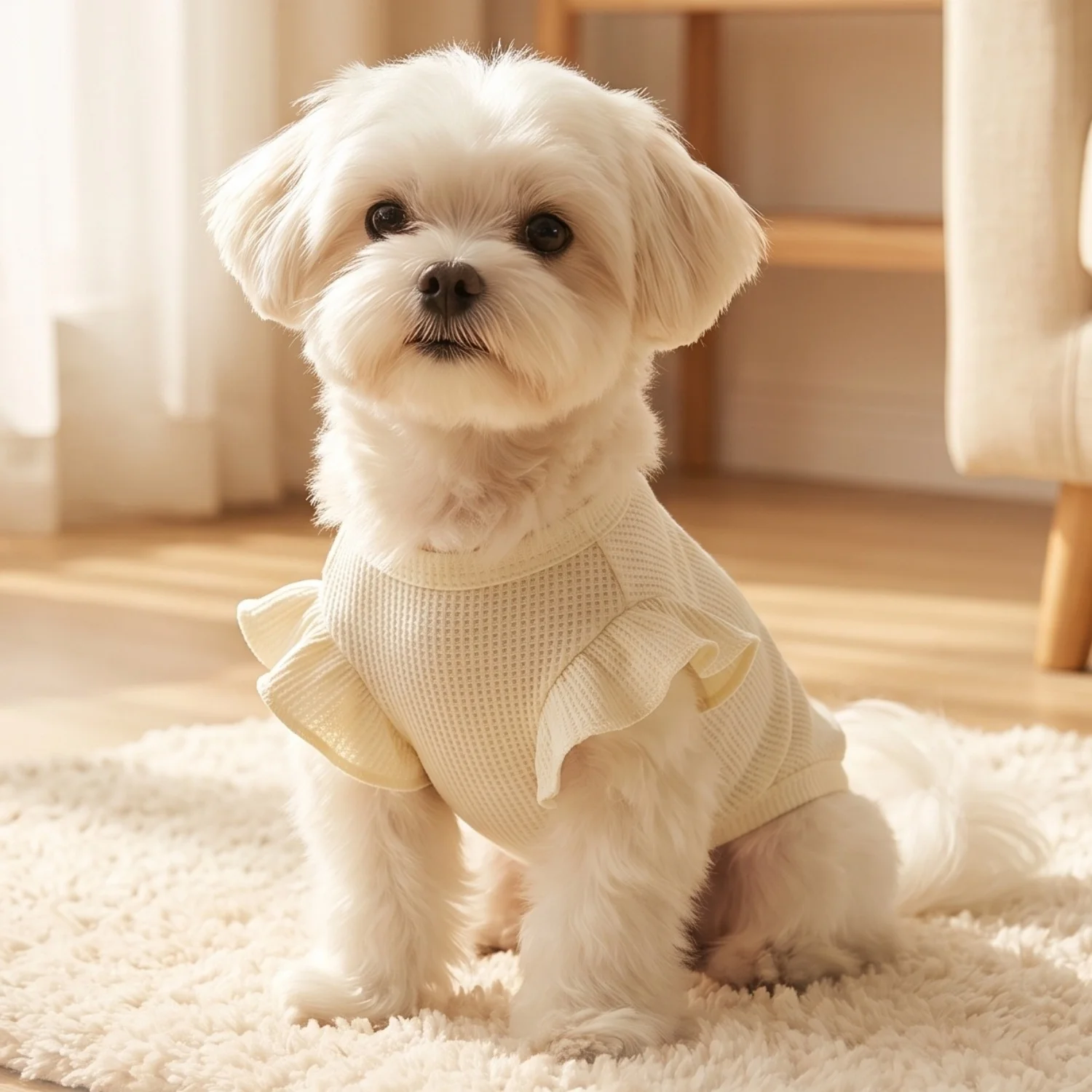 Cute Waffle Ruffle Sleeve Pet T-shirt Round Neck Breathable Dog Clothes Sweet Fashion Dog Apparel For Small Dogs Multiple Colors