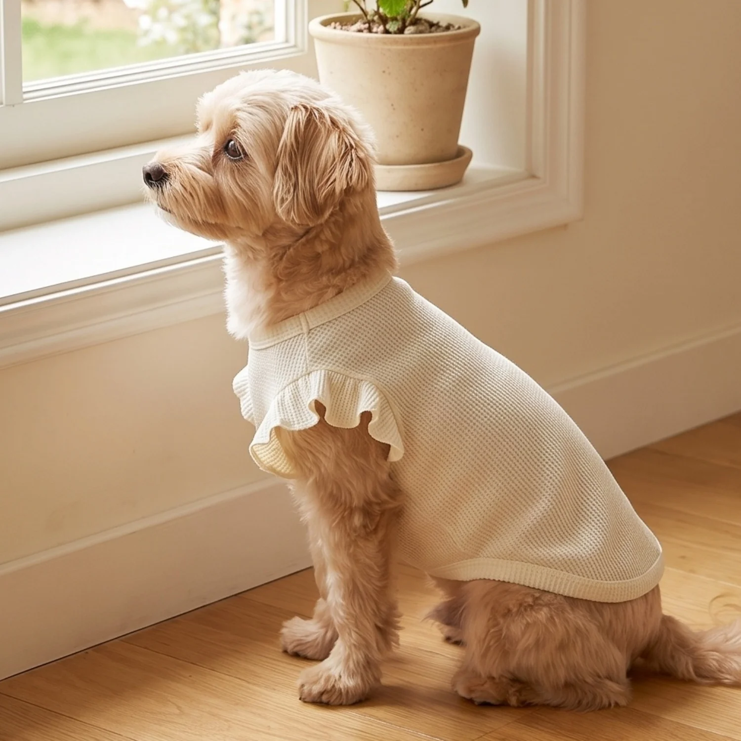 Cute Waffle Ruffle Sleeve Pet T-shirt Round Neck Breathable Dog Clothes Sweet Fashion Dog Apparel For Small Dogs Multiple Colors
