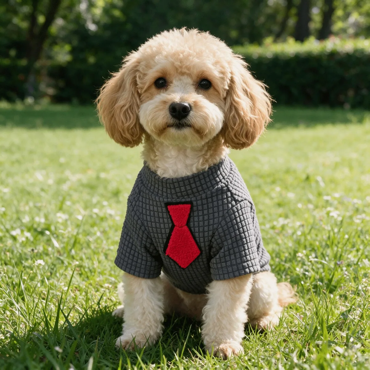 Waffle Knit Red Tie Pet Shirt, Gentleman Style Short Sleeve Casual Dog Top for Small & Medium Pets