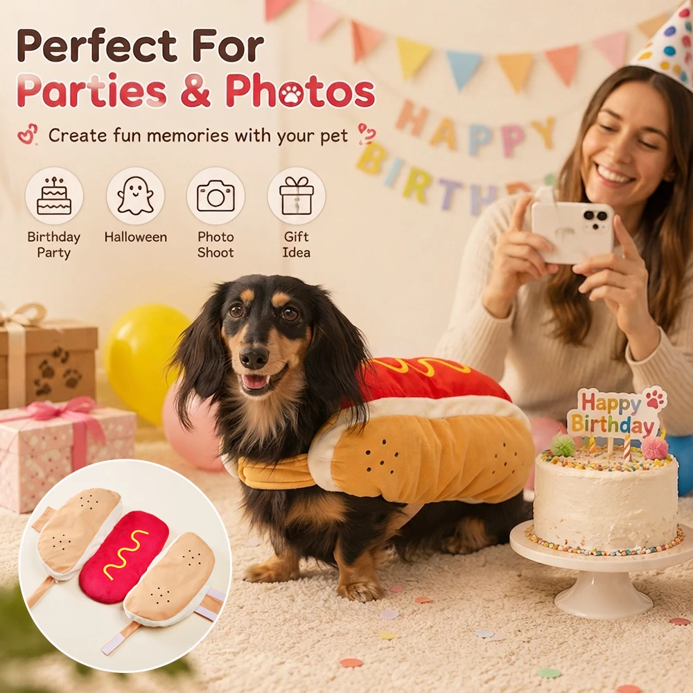 Funny Pet Hot Dog Costume Dog Clothes Cat Apparel Cute Halloween Outfit for Birthday Party Christmas Photo Shoot Pet Supplies
