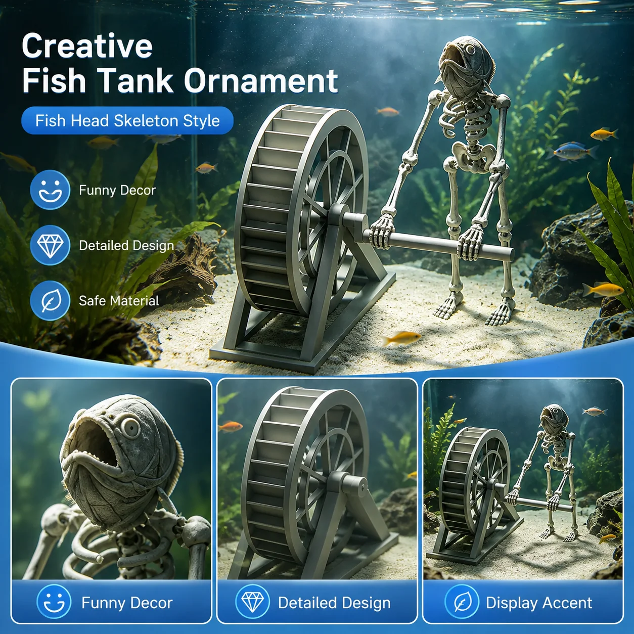 Rafford 3D Fish Head Skeleton Water Wheel Aquarium Ornament Creative Fish Tank Decoration Funny Underwater Scene Decor Gift