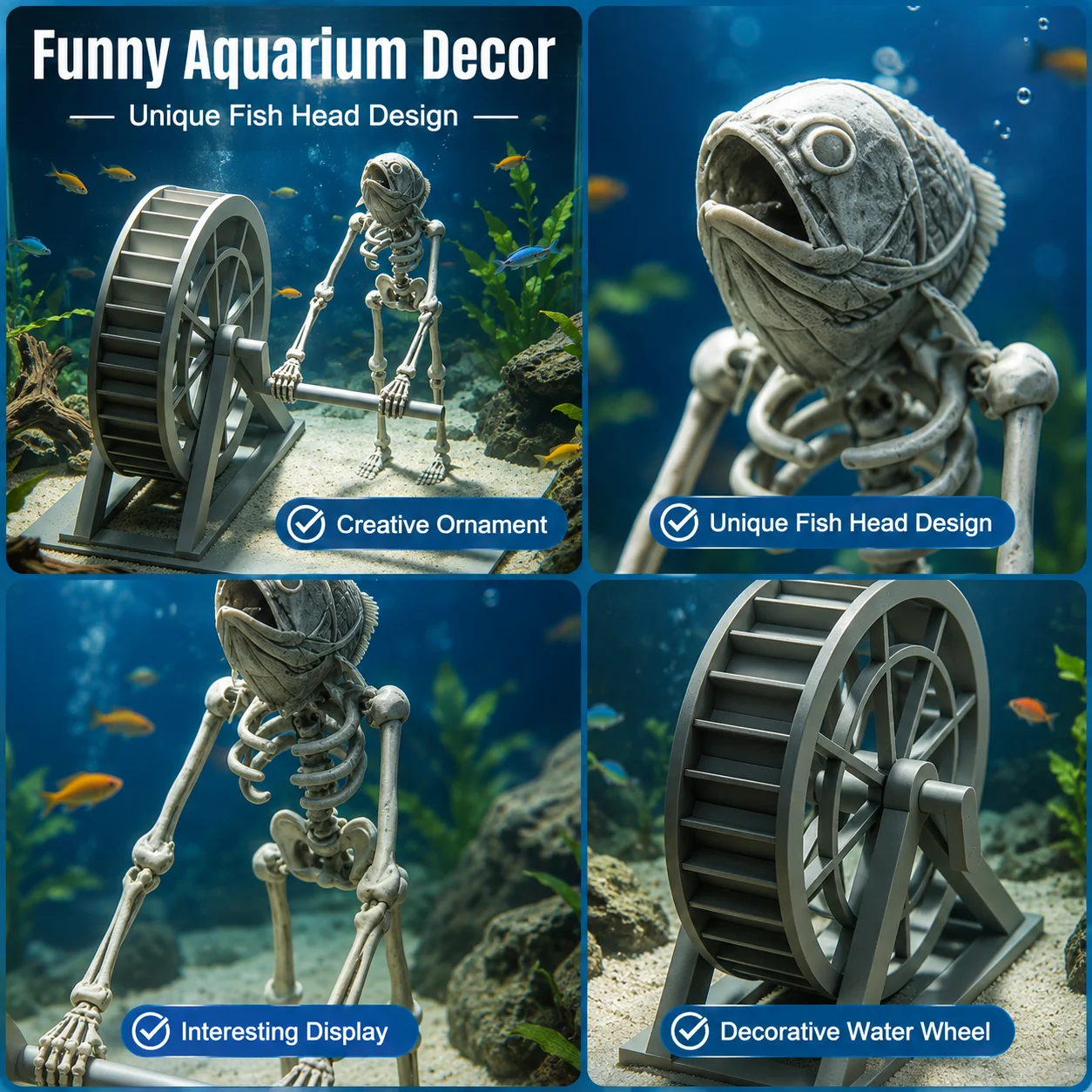 Rafford 3D Fish Head Skeleton Water Wheel Aquarium Ornament Creative Fish Tank Decoration Funny Underwater Scene Decor Gift