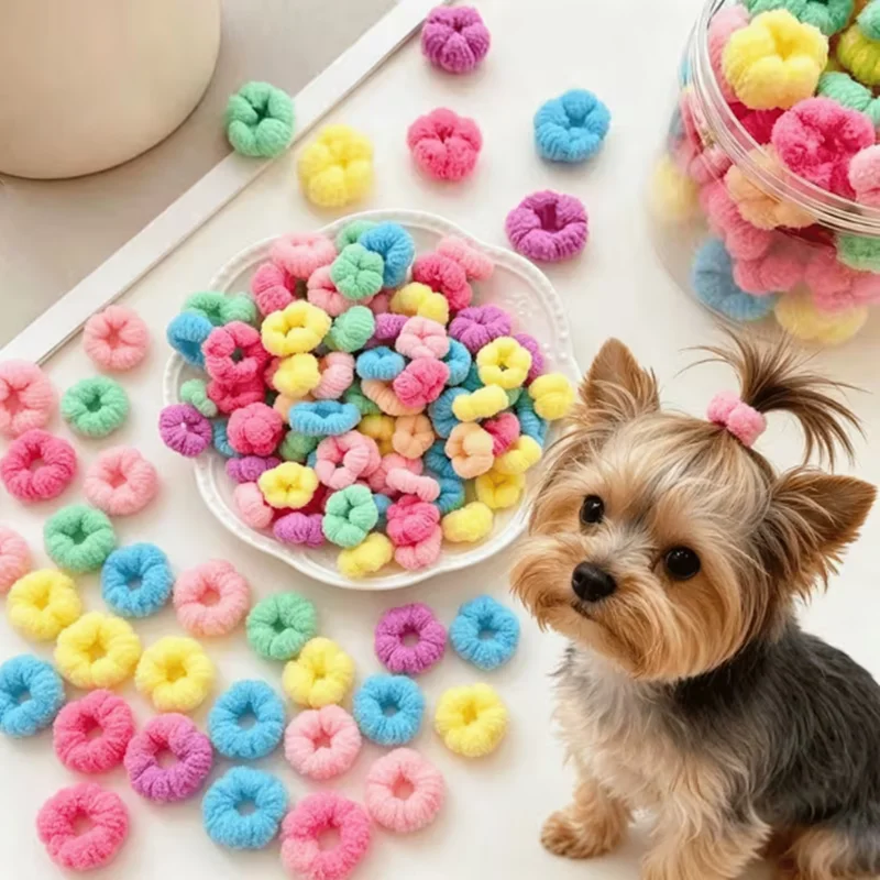 100pcs Mini plush elastic pet hairband, suitable for puppies and kittens. Colorful, super soft and stretchable pet hair string