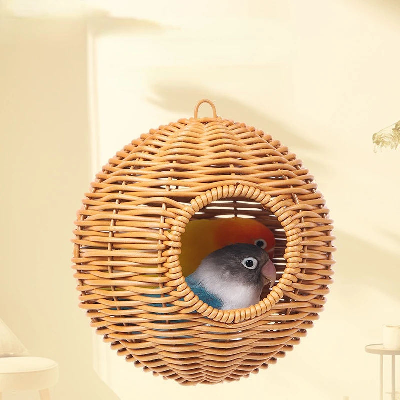 Bird Nest Fake Grass Handwoven Bird Cage House Parrot Canary Lovebird Parakeet Cockatiel Fake Hand-Woven Grass Hatching Bird Hut