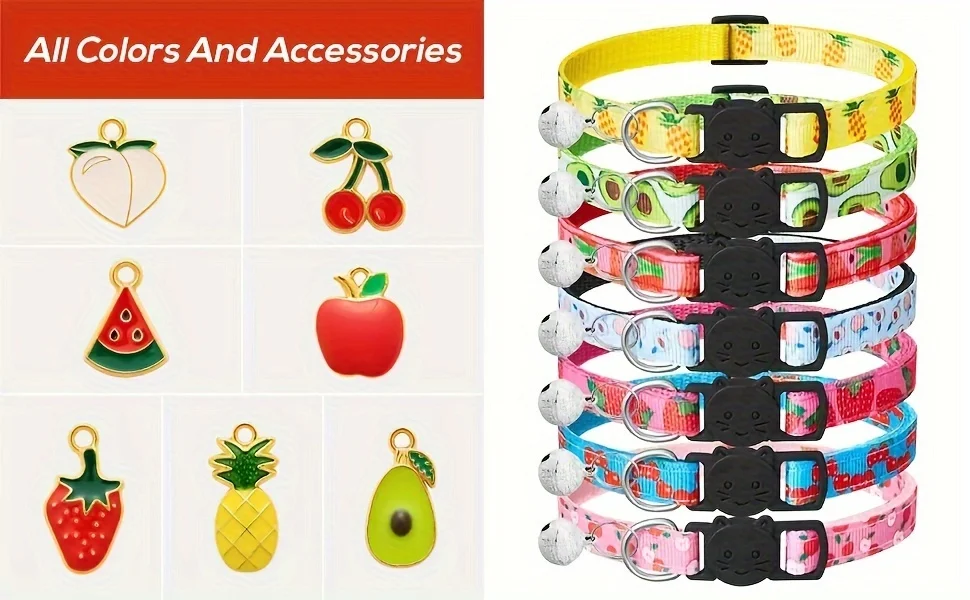 Fruit Pattern Cat Collars 7 Pack Cat Collars Fruit Pattern, Breakaway Buckle, Safety Reflective Kitten Collar with Bell & Charm