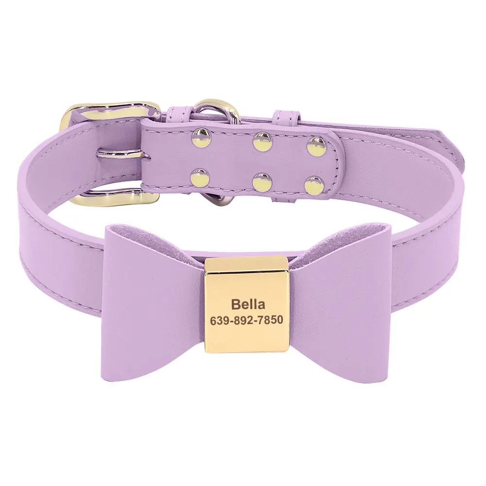 Personalized Dog Collar Cute Bowknot Engraved Dog Collars PU Leather Puppy Cat Necklace Adjustable for Small Medium Large Dogs