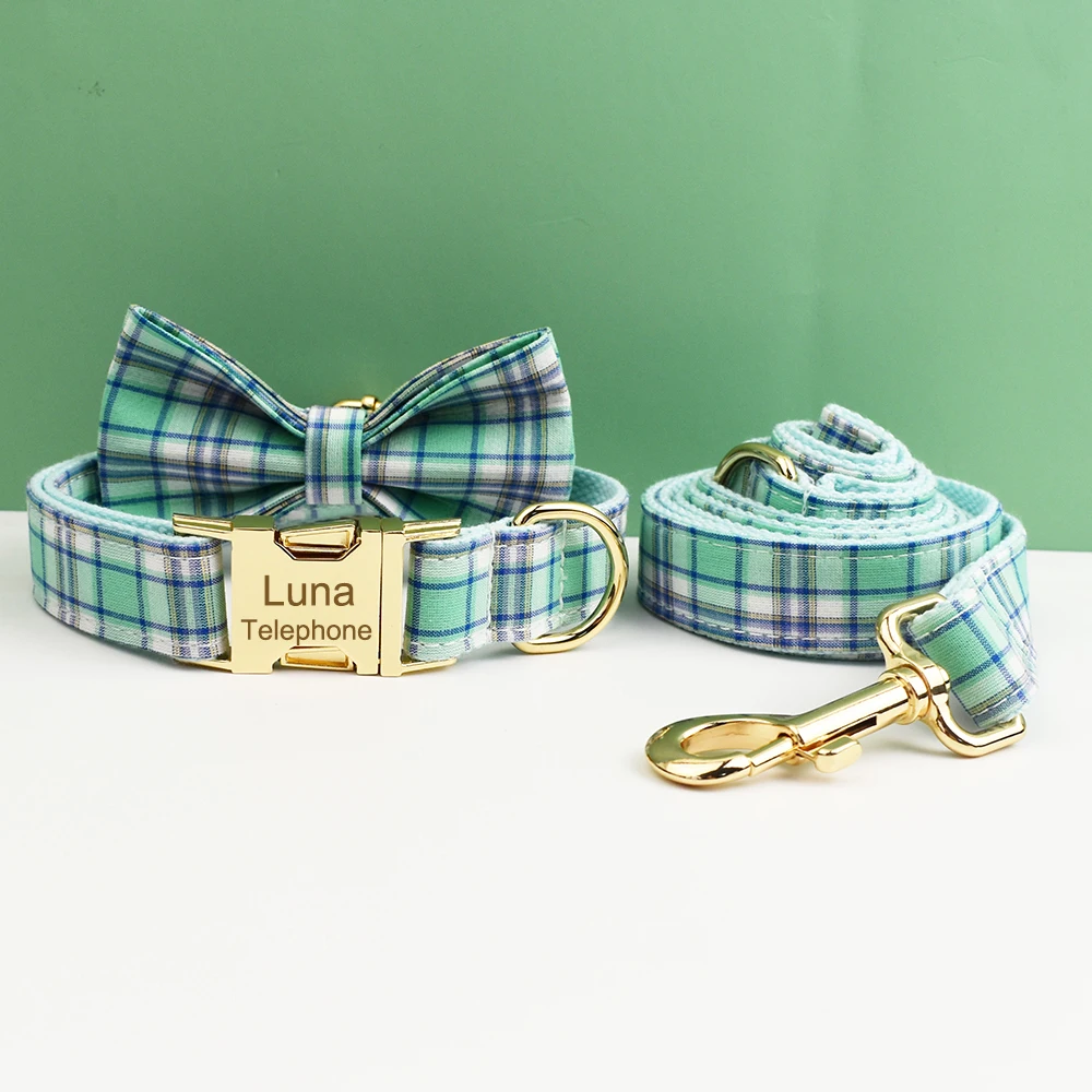 Plaid Dog Collar And Leash Set For Dogs Custom Engraved Nameplate Pet Supplies Dog Leash Grid