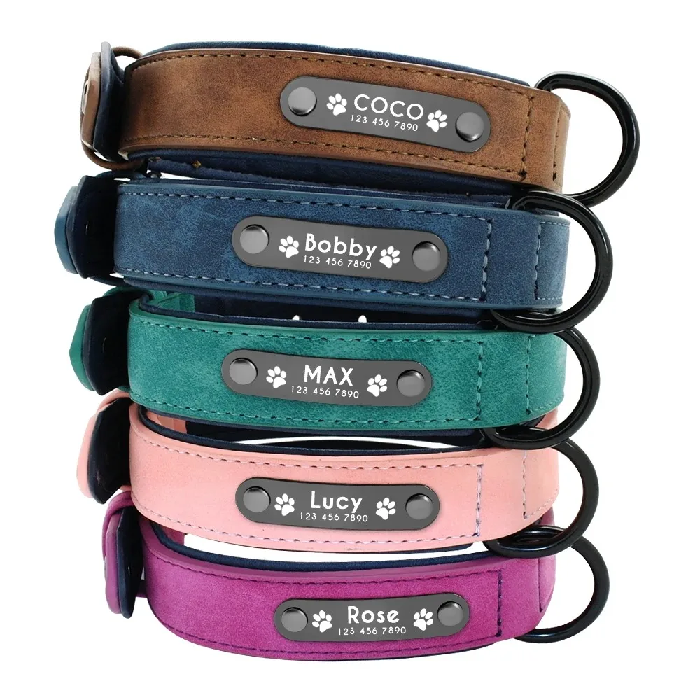 Custom Text name Leather Dog Collar Personalized Name ID Tags Dog Collars For Small Medium Large Dogs Pitbull Bulldog Beagle
