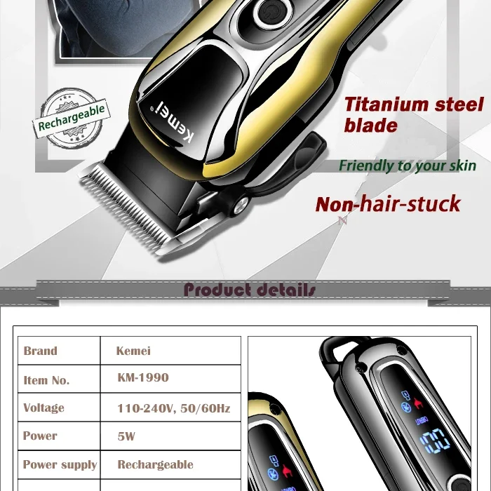 Kemei 100-240v KM-1990 Rechargeable Animal Hair Clipper Professional Dog Hair Trimmer For Cat Hair Remover Pet Grooming Set