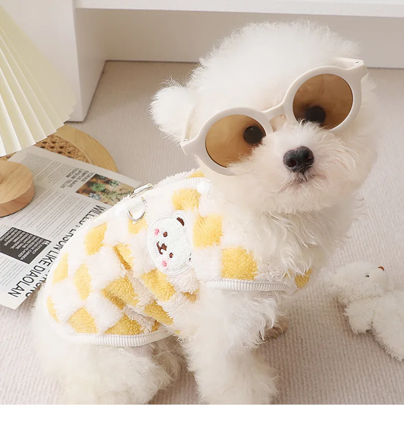Winter Warm Pet Dog Coat Plaid Dog Clothes with D-ring Plush Pet Jacket for Small Medium Dogs Chihuahua Yorkie Costume