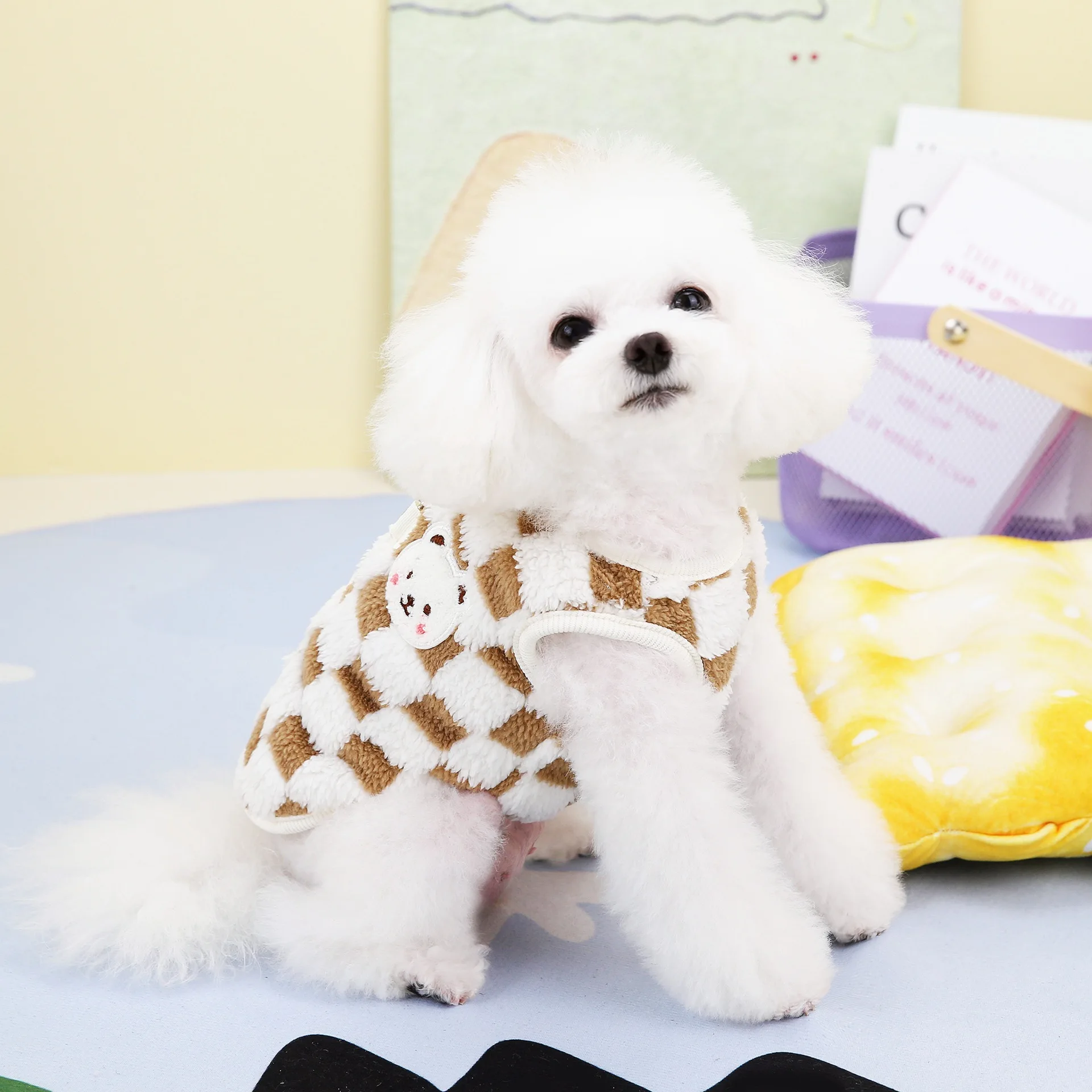 Winter Warm Pet Dog Coat Plaid Dog Clothes with D-ring Plush Pet Jacket for Small Medium Dogs Chihuahua Yorkie Costume