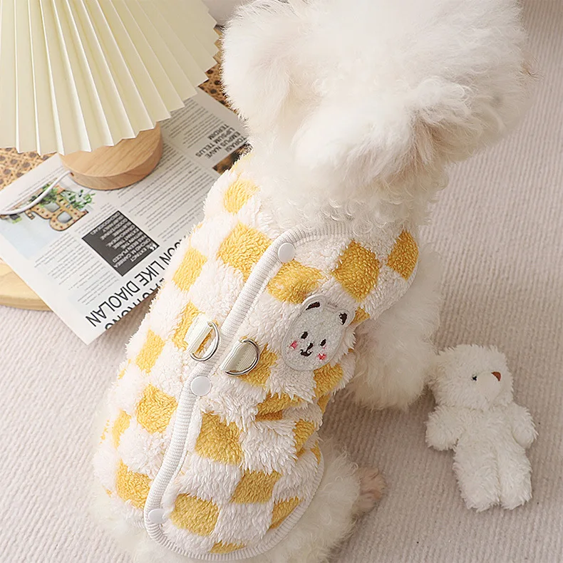 Winter Warm Pet Dog Coat Plaid Dog Clothes with D-ring Plush Pet Jacket for Small Medium Dogs Chihuahua Yorkie Costume