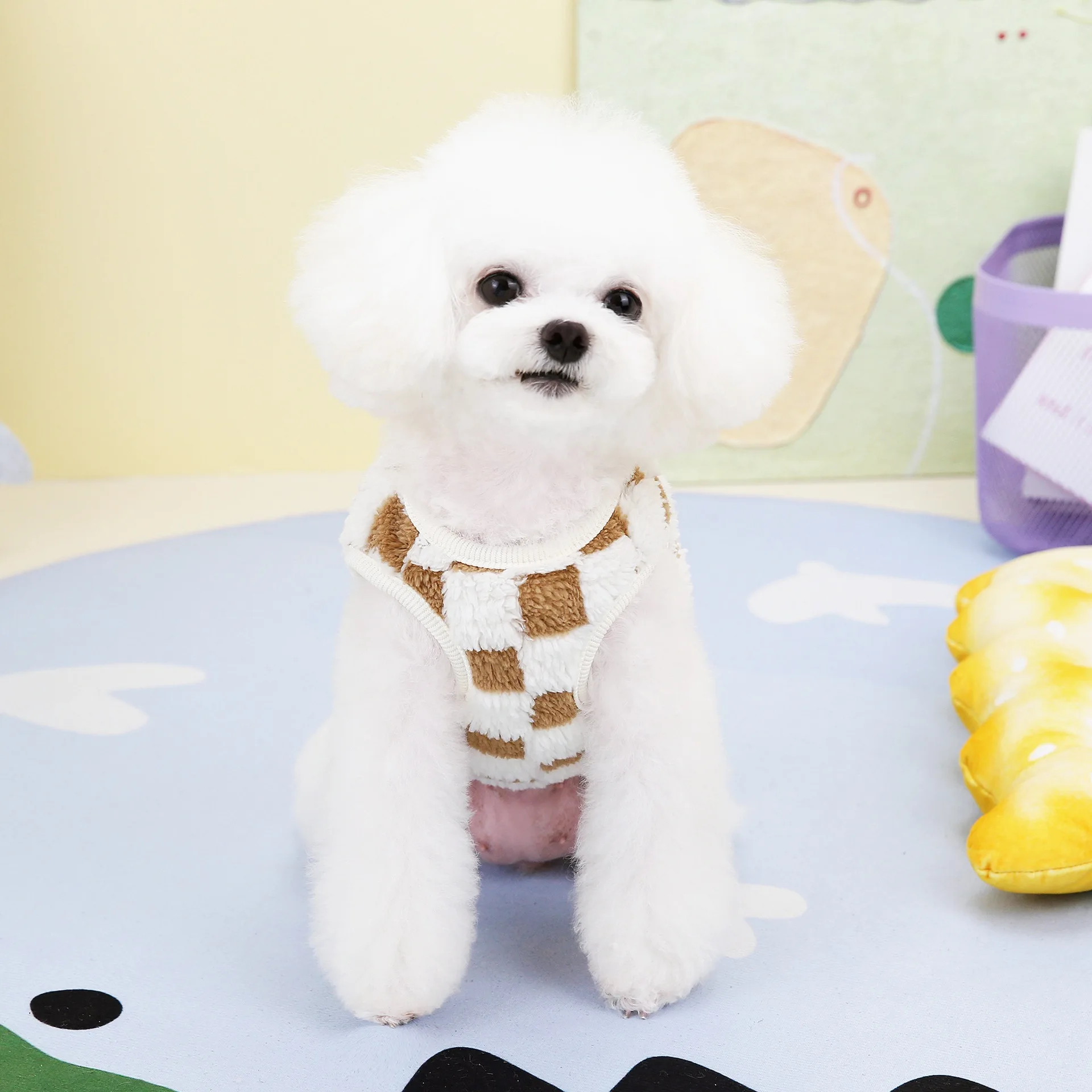 Winter Warm Pet Dog Coat Plaid Dog Clothes with D-ring Plush Pet Jacket for Small Medium Dogs Chihuahua Yorkie Costume