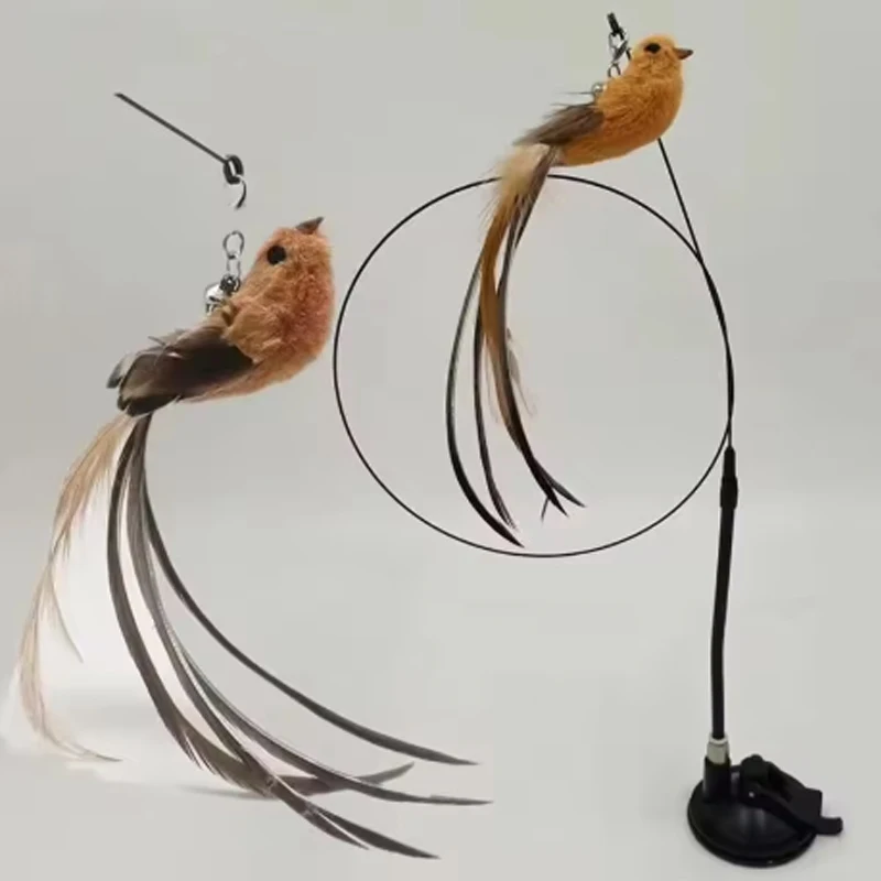 Cat Toys Cat Self-Sexy Feather Suction Cup Teasing Cat Stick with Bell Bird Replacement Head Resistant to Bite Pet Cat Dog Toys