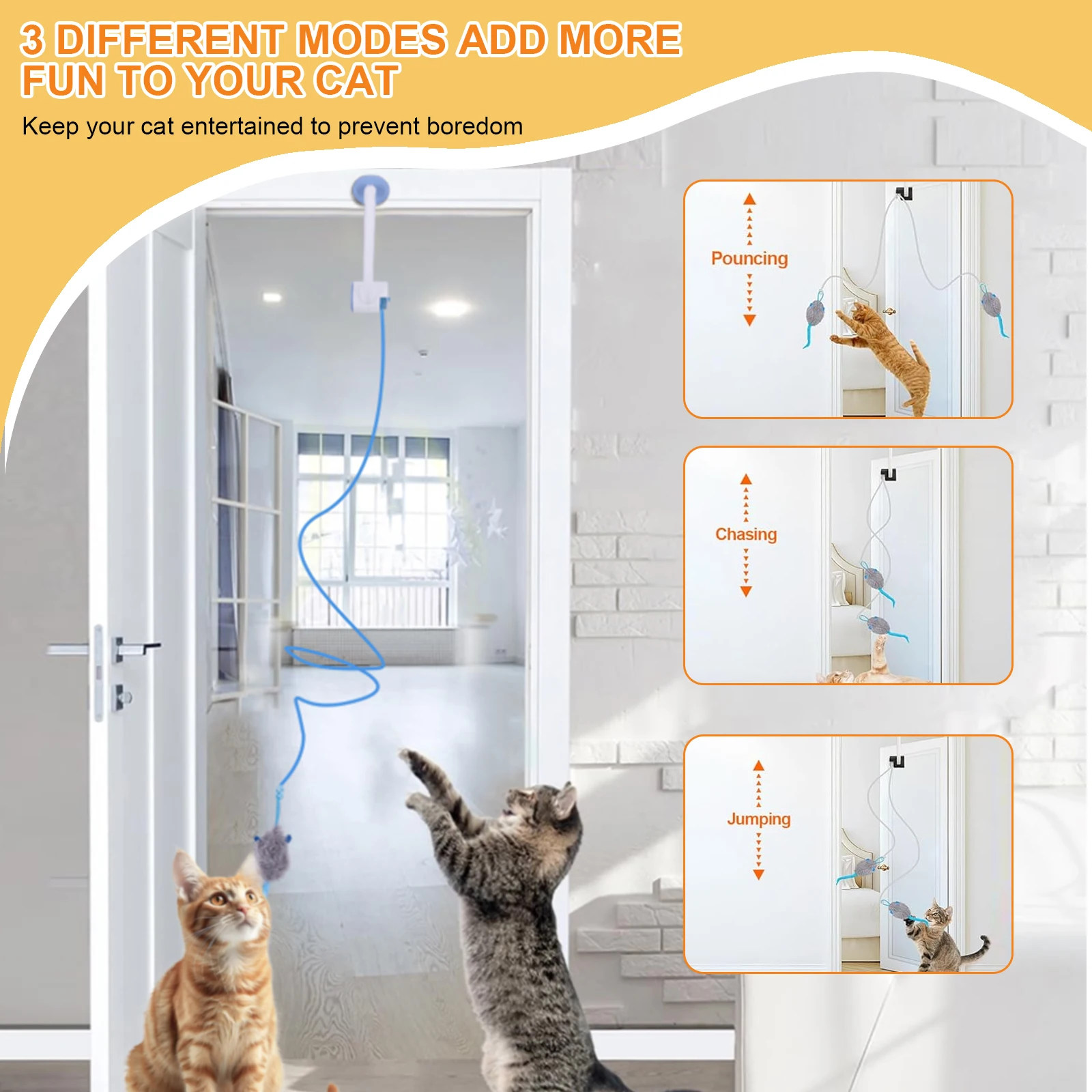 Door Hanging Auto-Rebound Cat Toy Retractable Kitten Teaser with 3 Catnip Mice Interactive Pet Play Toy for Indoor Playing Exer