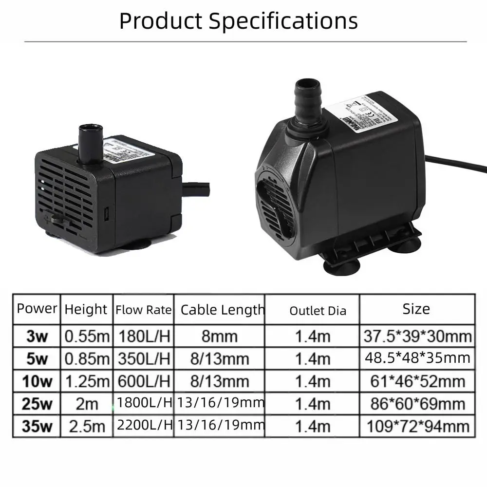 220V Black Submersible Water Pump Submersible Ultra-Quiet Fountain Pump with Suction Cup Mini Ponds Fountains Fish Pond Aquarium