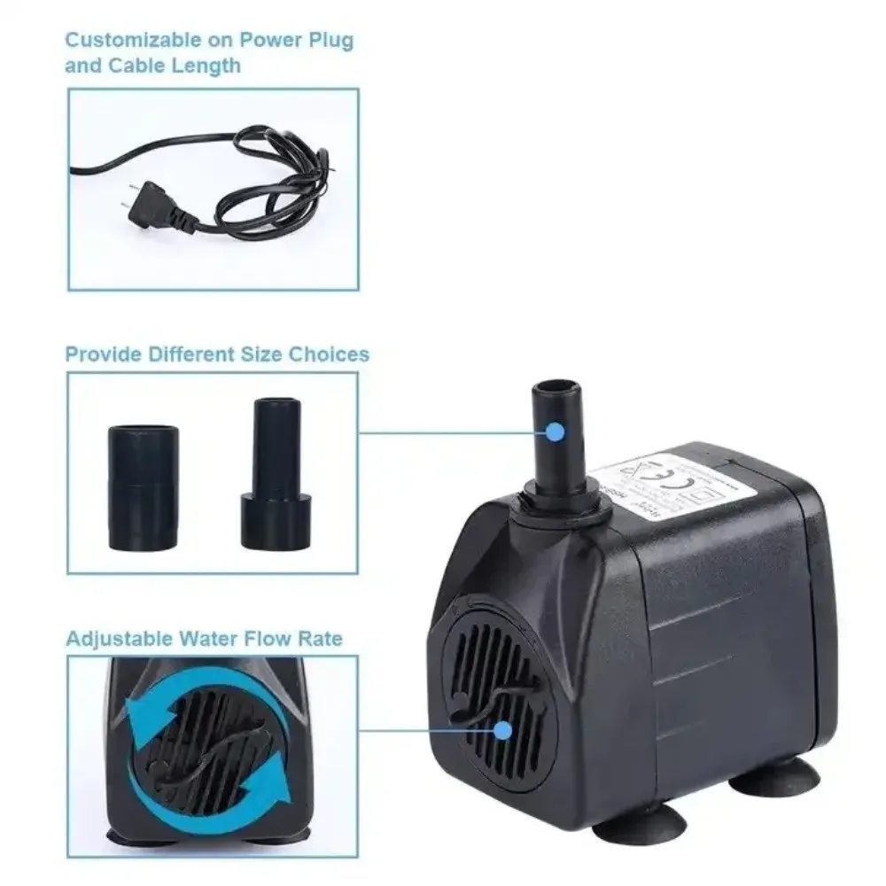 220V Black Submersible Water Pump Submersible Ultra-Quiet Fountain Pump with Suction Cup Mini Ponds Fountains Fish Pond Aquarium