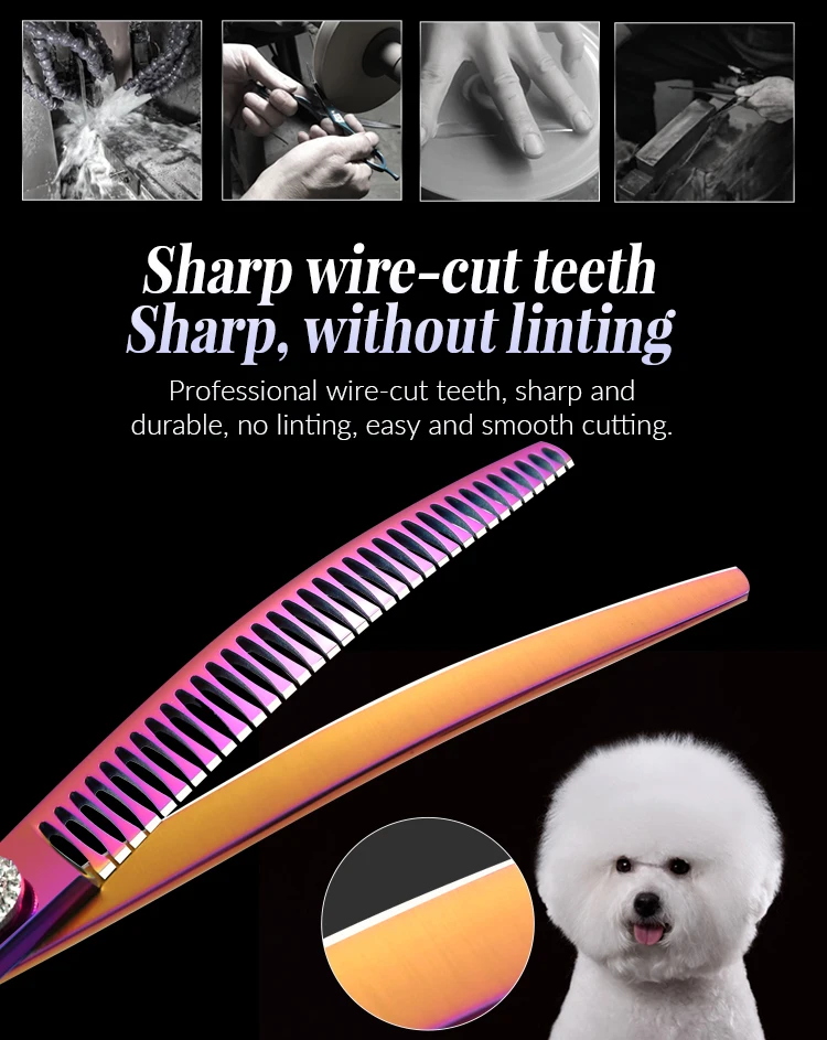 Fenice 7.25 Inch Professional Diamonds Screw Curved Chunker Scissors Pet Grooming Shears JP440C Thinner Shears for Dogs
