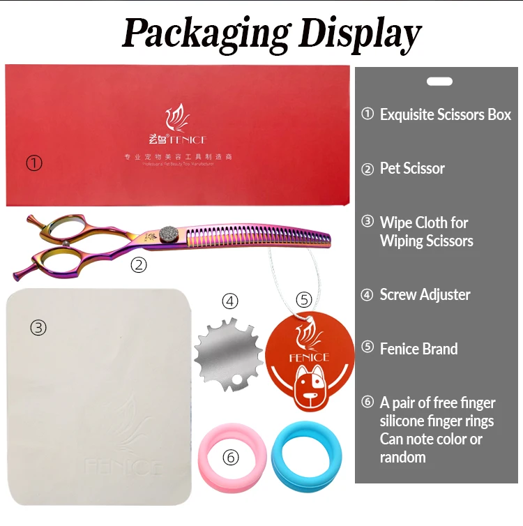 Fenice 7.25 Inch Professional Diamonds Screw Curved Chunker Scissors Pet Grooming Shears JP440C Thinner Shears for Dogs