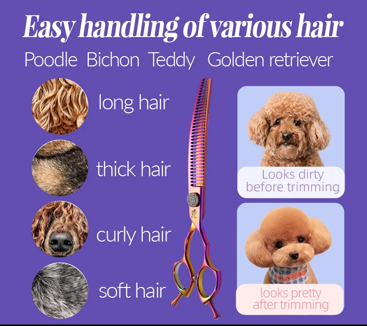 Fenice 7.25 Inch Professional Diamonds Screw Curved Chunker Scissors Pet Grooming Shears JP440C Thinner Shears for Dogs