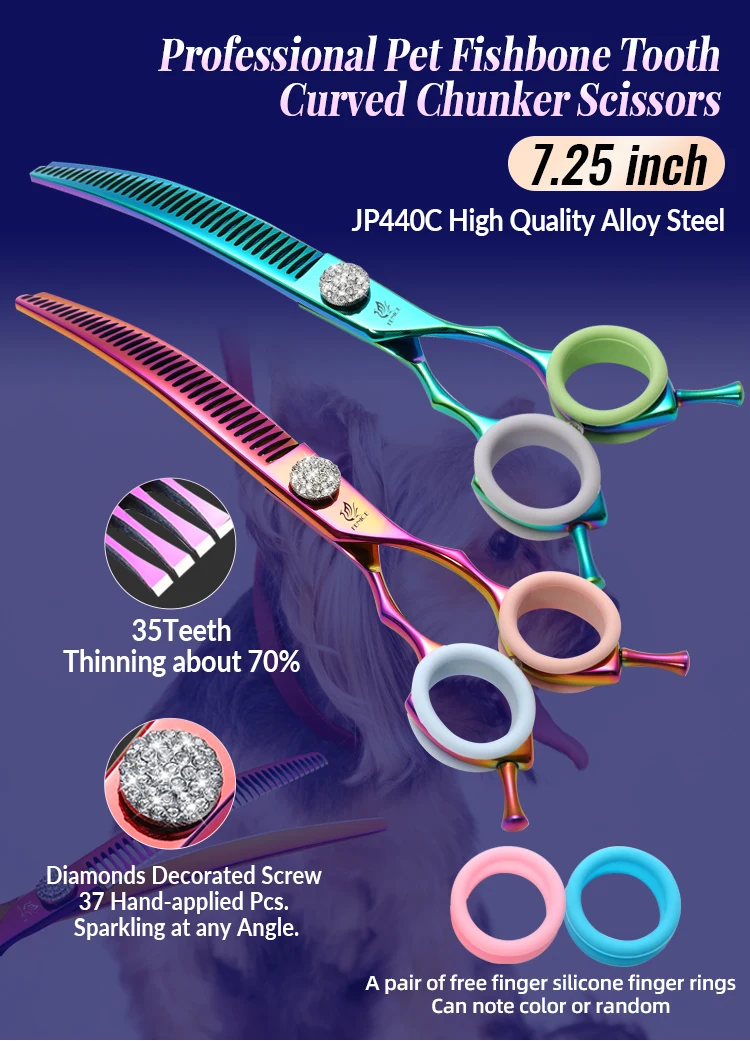 Fenice 7.25 Inch Professional Diamonds Screw Curved Chunker Scissors Pet Grooming Shears JP440C Thinner Shears for Dogs