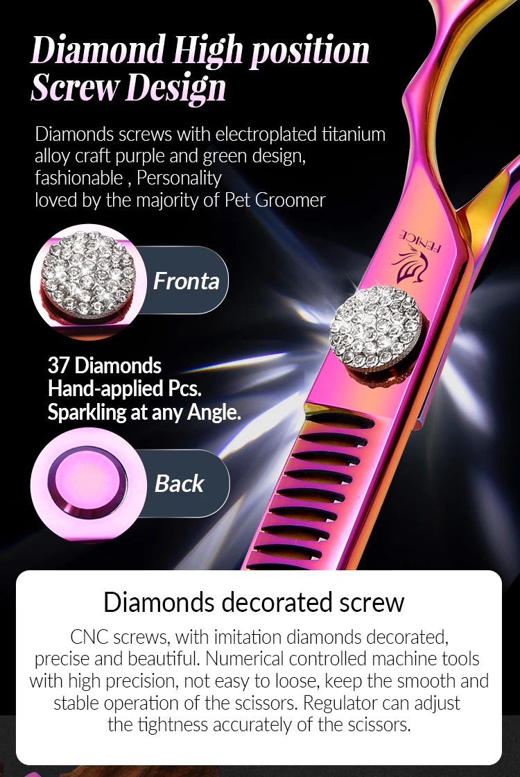 Fenice 7.25 Inch Professional Diamonds Screw Curved Chunker Scissors Pet Grooming Shears JP440C Thinner Shears for Dogs