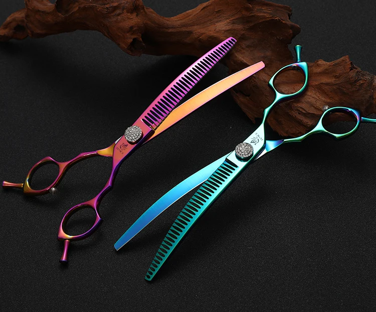Fenice 7.25 Inch Professional Diamonds Screw Curved Chunker Scissors Pet Grooming Shears JP440C Thinner Shears for Dogs